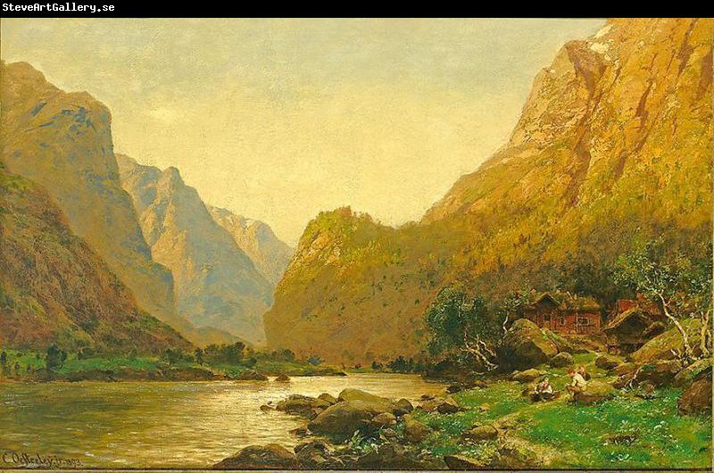 Carl jun. Oesterley Carl Oesterley jr. Romantische Flusslandschaft mit Personenstaffage an einem prachtvollen Sommertag